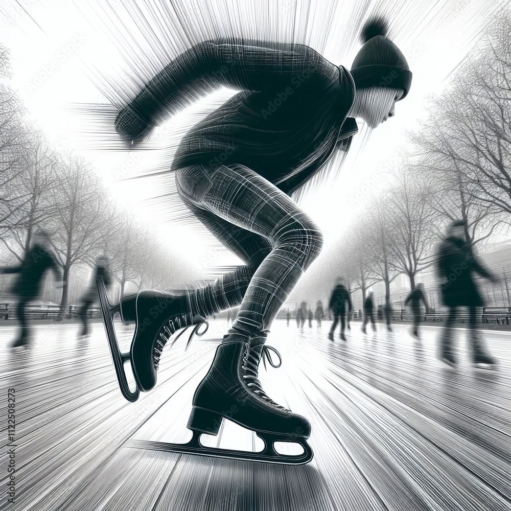 Aufkleber show a person ice skating in a park with dynamic lines and blurr