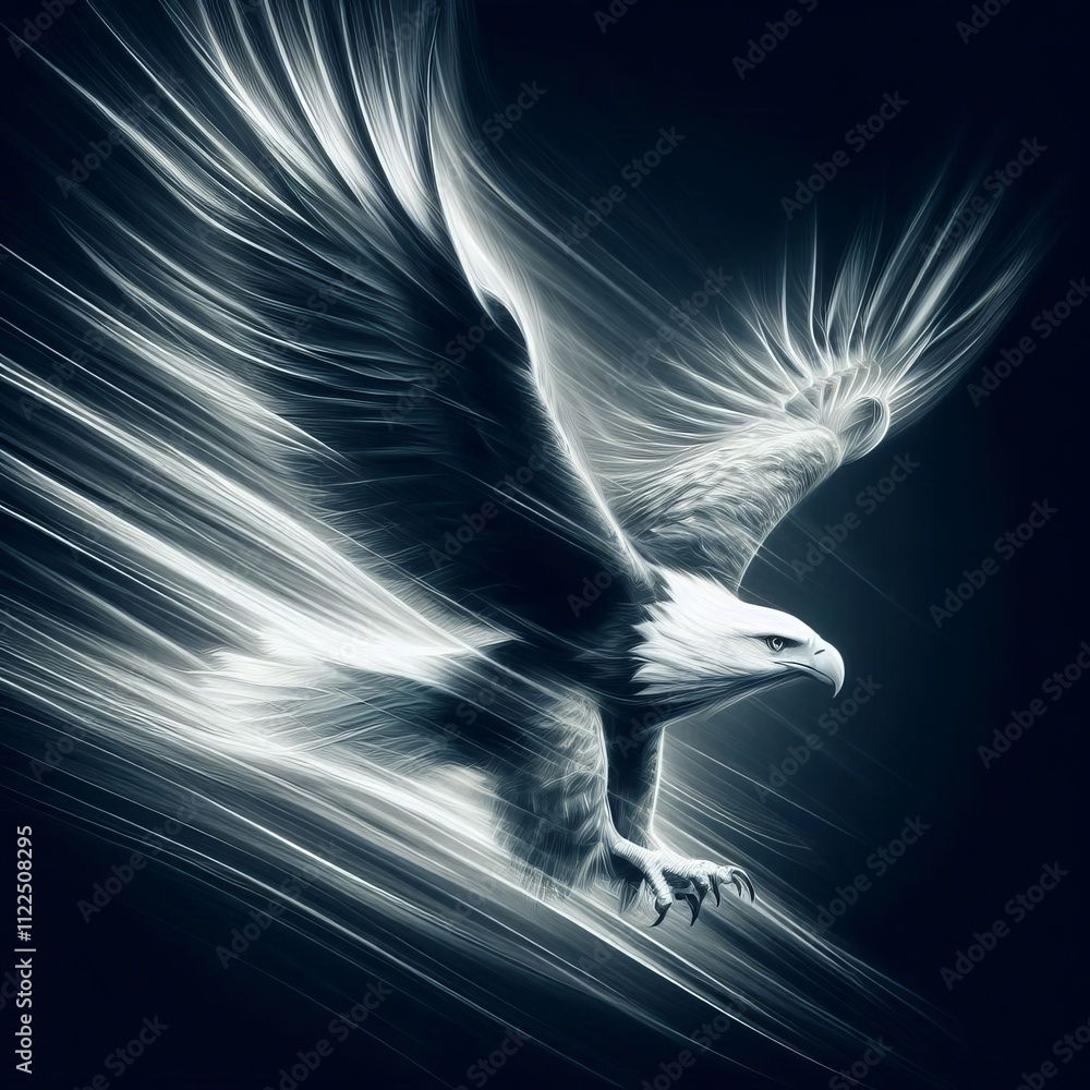 Poster show an eagle in flight with dynamic lines and blurred wings to