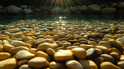 Obraz premium Clear water reflects sunlight over smooth stones in serene environment, creating tranquil atmosphere. shimmering surface enhances beauty of natural setting