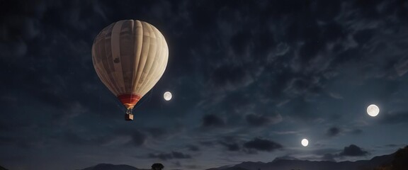 Fototapeta premium A single air balloon rises high into the sky as it ascends under a bright full moon at night, silver, nature, lunar
