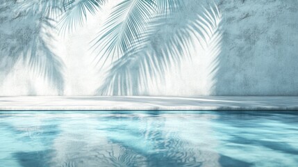 Abstract aesthetic summer background - pool water and concrete wall with the shadow of palm tree.