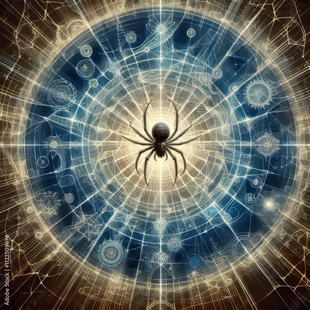 Poster spider web with a spider in the center represents complexity and