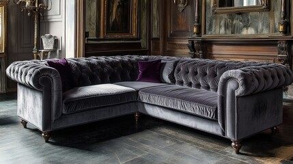 Luxury Gray Velvet L Shaped Chesterfield Sofa in Classic Living Room