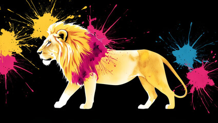 Obraz premium a lion in profile, created using a watercolor splash effect in bright tones of yellow, magenta, and cyan