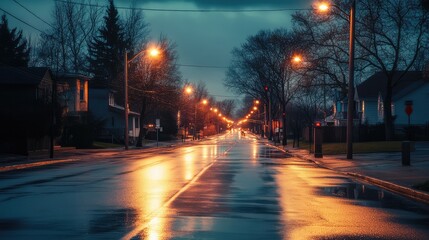 Obraz premium Serene city street at dusk with tall streetlights reflecting on the pavement and casting soft shadows