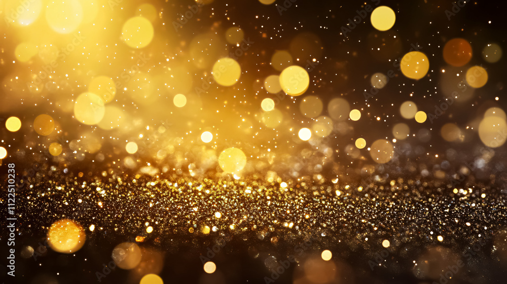Poster an abstract background filled with golden glitter and sparkling bokeh lights.