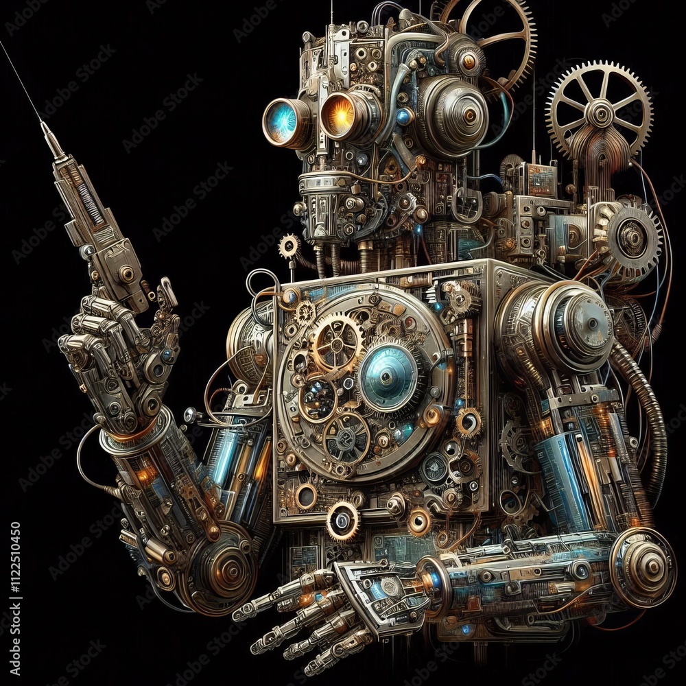 Poster steampunk robot digital art of a robot with added gears and circ
