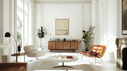 Modern living room with mid-century furniture and natural light.