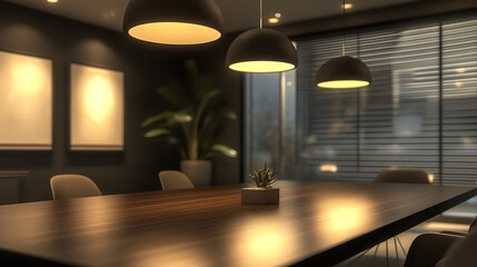 Modern conference room with sleek design and ambient lighting for professional meetings.