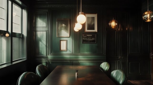 Elegant green-toned meeting room with modern lighting and artwork, evoking sophistication.