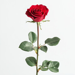 A single red rose with green leaves and a long stem, isolated on a white background