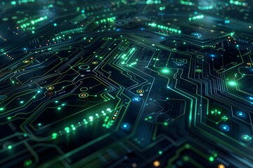 Obraz premium Illuminated Circuit Board with Glowing Green Lines and Circles