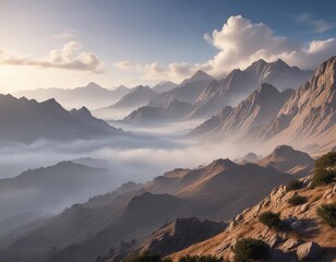 Fototapeta premium Morning fog and clouds over the Jebel Jais mountain range , UAE, Jebel Jais