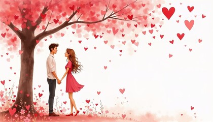 Fototapeta premium Couple in love holding hands under a heart-filled cherry blossom tree in a romantic illustration