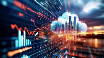 Obraz premium cloud computing economic concept. Digital cityscape with data visualization and cloud computing elements.