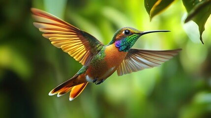 A colorful hummingbird in flight, with its iridescent wings spread wide and long beak