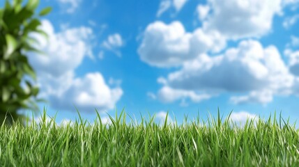 Summer Green Grass Field  Blue Sky  Fluffy Clouds  Nature Background