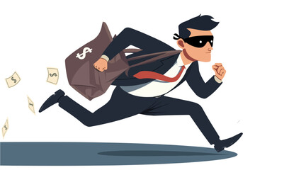 Thief in a suit running with a bag of money, ideal for crime, theft, fraud, and financial crime concepts