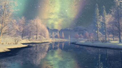 Fototapeta premium Soft aurora lights stretch over a glassy lake with mirrored colors creating a dreamy winter scene