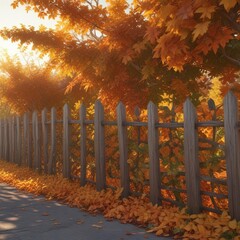 Obraz premium a blanket of amber colored leaves on a fence covered in vines, overgrown vegetation, earthy tones, fallen leaves