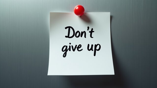 Close-up of a white post-it note with the phrase "Don't give up" handwritten in bold black ink, pinned to a gray metal surface with a red push pin. Elegant lighting highlights.