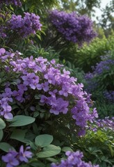 Fototapeta premium A delicate bush of violet flowers with shali violet blooms in a lush garden amidst greenery and foliage , flower field, stems, leaves
