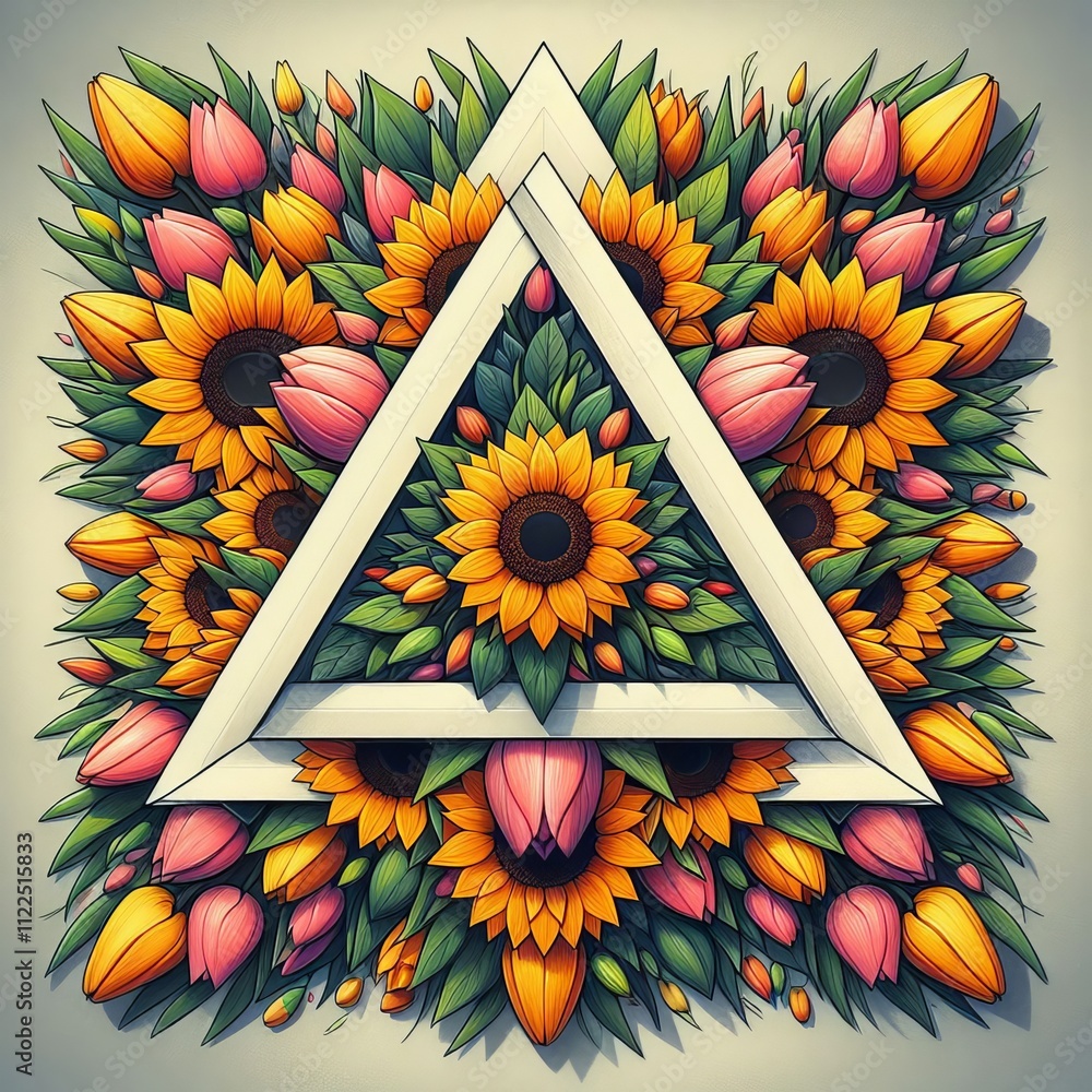 Aufkleber triangle and rectangle with mixed tulips and sunflowers a combin