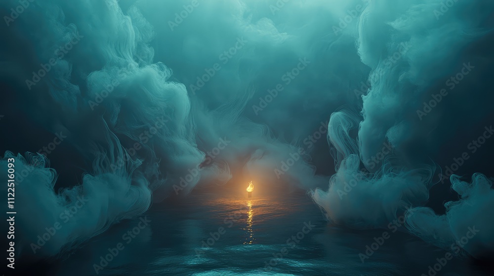 Poster Soft smoke curls around a single source of light, creating a tranquil, dreamlike atmosphere