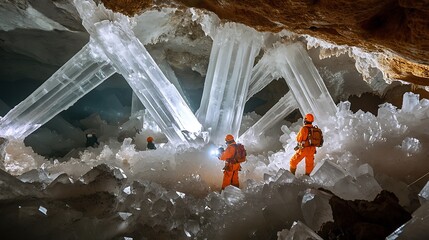 Cave Explorers Amidst Giant Selenite Crystals