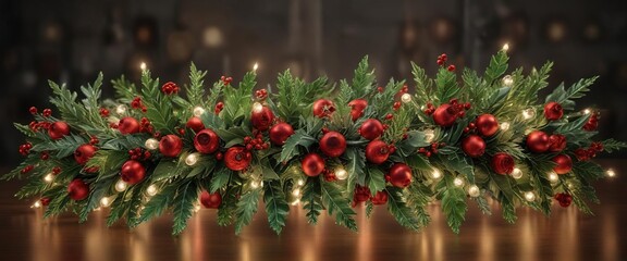 Fototapeta premium A stunning arrangement of artificial holly branches adorned with sparkling ornaments and fairy lights, decorative accents, festive arrangements, artificial holly