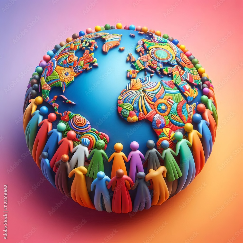 Poster unity and diversity a globe with people from different cultures