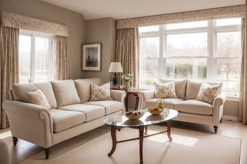 Obraz premium Interior of a modern living room with a stylish sofa and armchairs