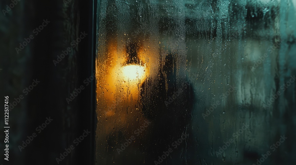 Poster streetlight creating a gentle glow and abstract shapes through raindrops on a window