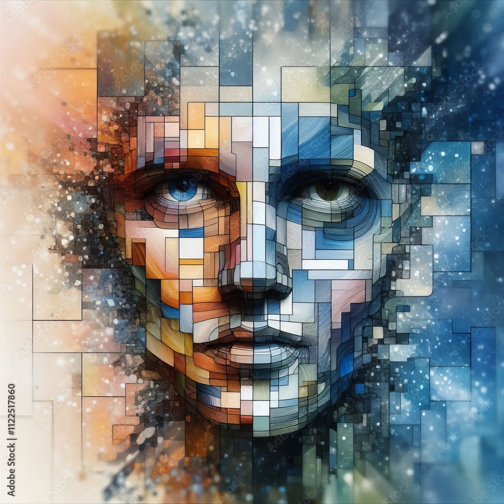 Poster visual fragmented images of two faces merging and separating rep