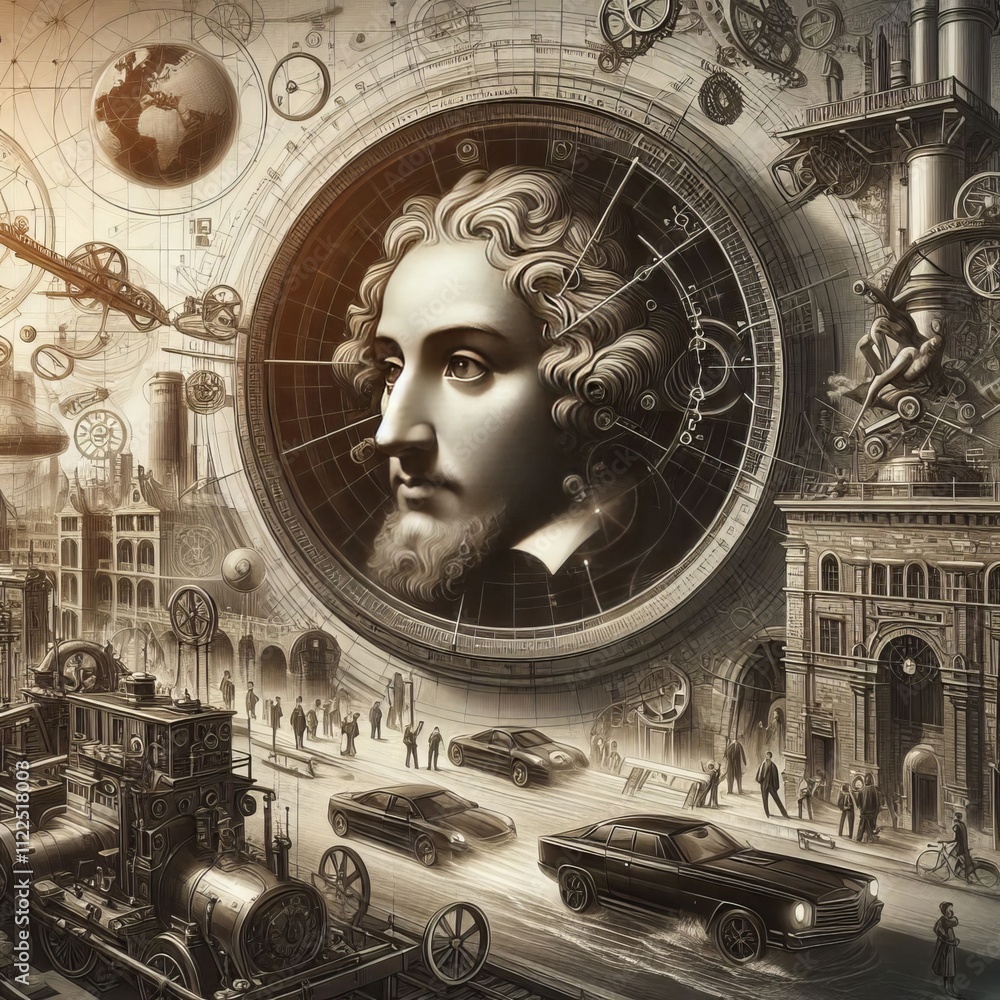 Aufkleber visualize leonardo’s advanced inventions being realized during