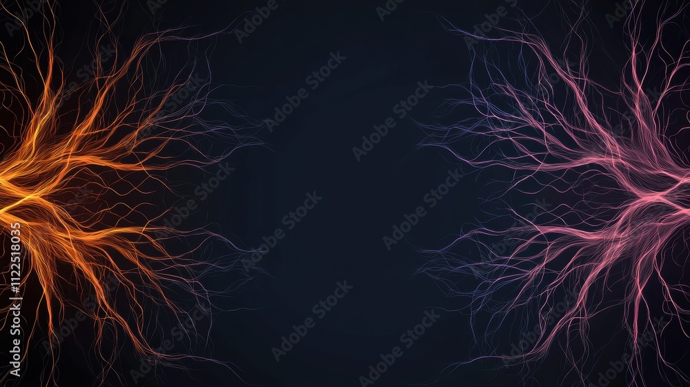 Poster abstract image featuring vibrant orange and pink tree-like structures against a dark background, cre