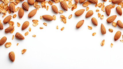 Fototapeta premium Nuts and oats scattered on white background create natural and healthy vibe. This captures essence of wholesome snacks and nutritious ingredients
