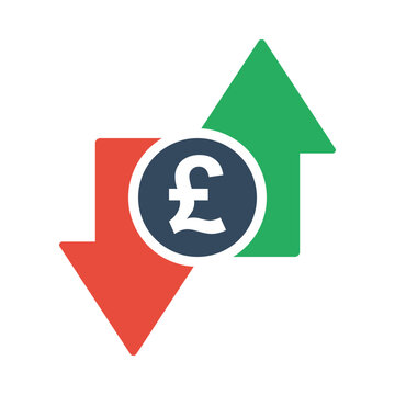 pound sterling coin with green up and red down arrows, tax or inflation indicator, price or income vector icon