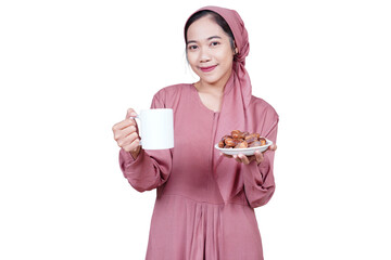 Asian Muslim woman breaking fast, Ramadan month spiritual moment isolated transparent