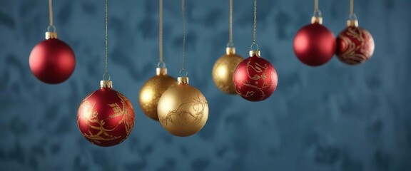 Fototapeta premium Red and gold Christmas ornaments hung from a string on a blue background, festive arrangement, red gold ornaments, colorful Christmas decor