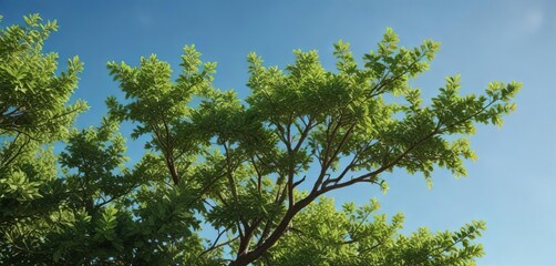 Obraz premium Fresh green foliage of a bush against a clear blue sky , bush foliage, nature backdrop, evergreen trees