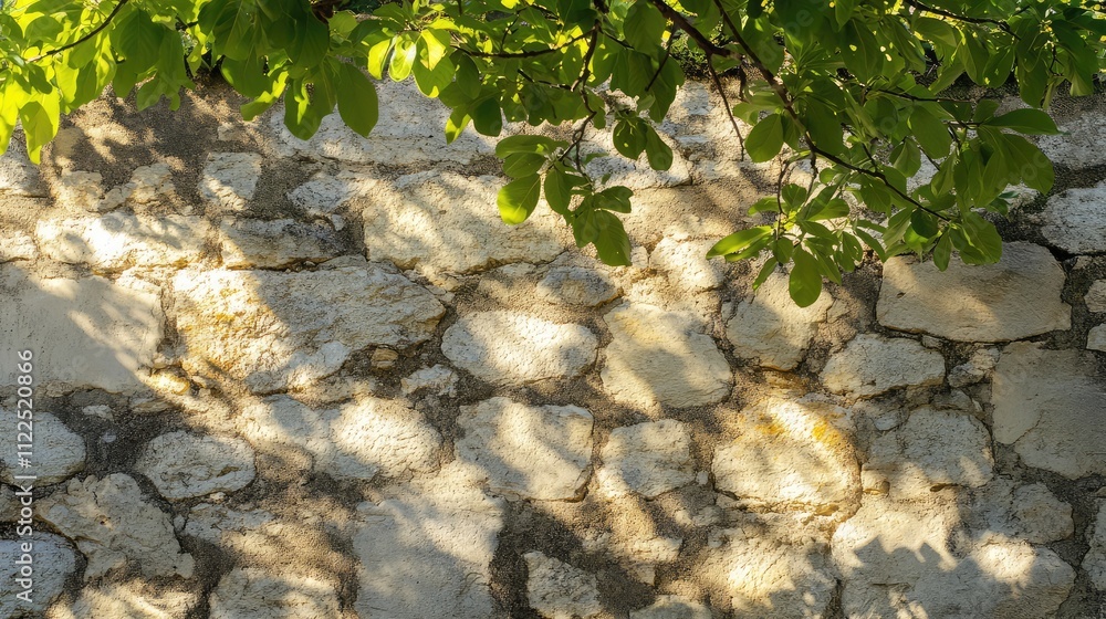 Poster sunlight through tree branches, casting dappled patterns on an aged stone wall