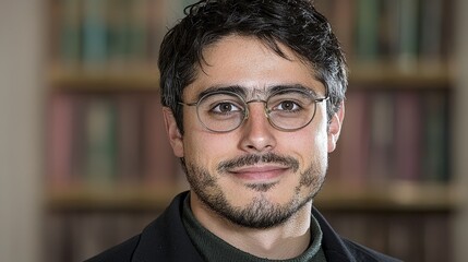 Fototapeta premium Smiling Man with Glasses Portrait Headshot Professional Friendly Bookcase Background