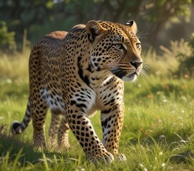 Fototapeta premium Leopard's tail stretches out from behind its body as it moves through the grass within its enclosure, animal, stretch, agility
