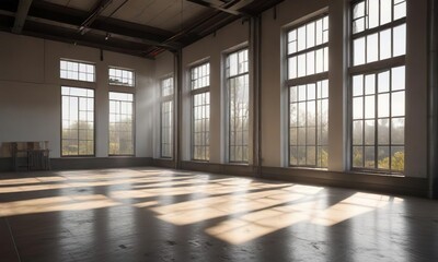 Fototapeta premium Natural light pouring in through large windows illuminating an empty studio, soft lighting, natural illumination, empty space