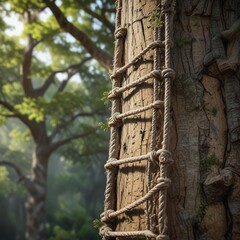 Rope ladder attached to the tree trunk for arborist use, forestry work, outdoor adventure