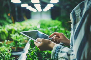  Couple of workers monitoring plant growth using digital tablet in a greenhouse
