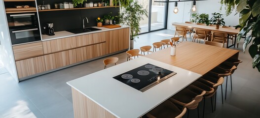 Modern kitchen with an island table, a wood and white color combination, a black electric stove top in the center of the countertop, 