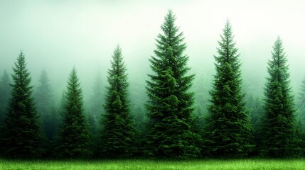 Fototapeta premium Majestic Misty Forest Tall Evergreen Trees Foggy Landscape Nature Photography
