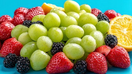 Fototapeta premium Fresh Fruit Salad Grapes Strawberries Blackberries Citrus Healthy Eating Summer Food